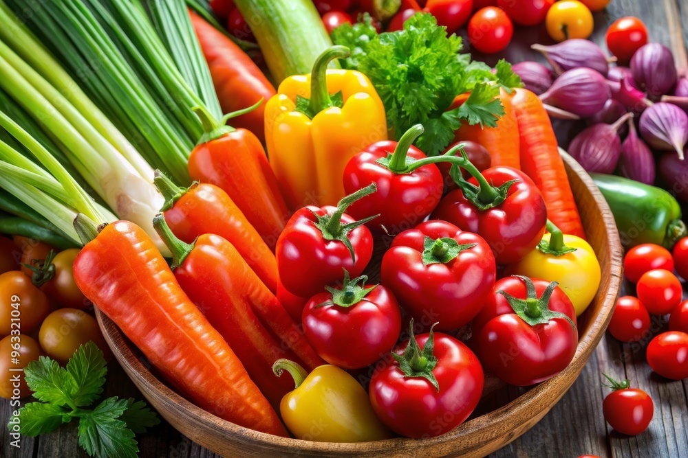 A vibrant assortment of fresh vegetables in a wooden bowl, perfect for healthy eating and culinary inspiration. A vibrant assortment of fresh vegetables in a wooden bowl, perfect for healthy eating and culinary inspiration.