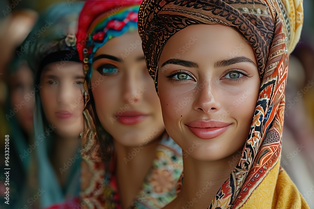 Fototapeta premium Three women wearing colorful scarves and headscarves are smiling for the camera