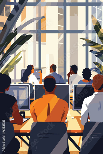 Rear View of Diverse Office Workers at Their Desks in a Modern Workplace