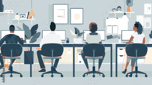 Rear View of Diverse Office Workers at Their Desks in a Modern Workplace