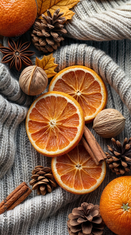Vertical AI illustration cozy autumn arrangement with oranges, pinecones, and spices. Vertical AI illustration cozy autumn arrangement with oranges, pinecones, and spices.