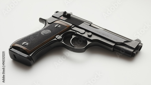 A black and brown gun with a black grip. The gun is on a white background photo