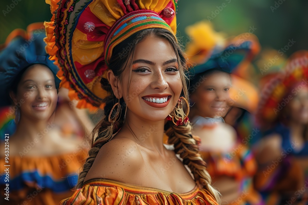 A woman wearing a colorful hat and a red lipstick is smiling A woman wearing a colorful hat and a red lipstick is smiling