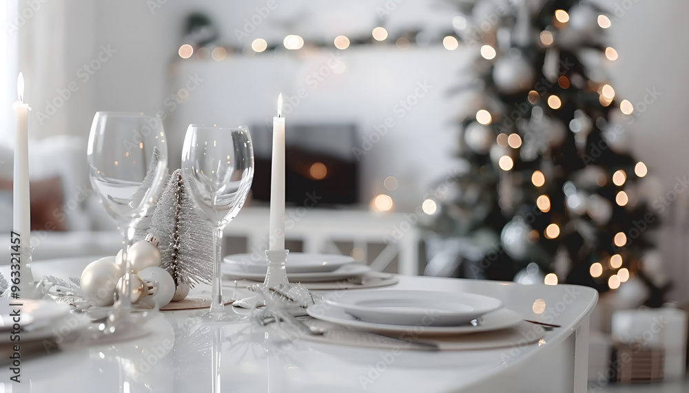 Table served for Christmas dinner in living room, close up view Table served for Christmas dinner in living room, close up view