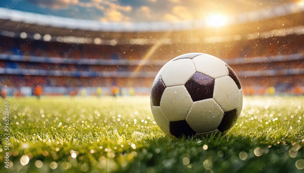 Naklejka premium Soccer ball on a wet grassy field in a stadium, with sunlight illuminating the scene.