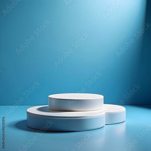 a white podium with two round bases on a blue back