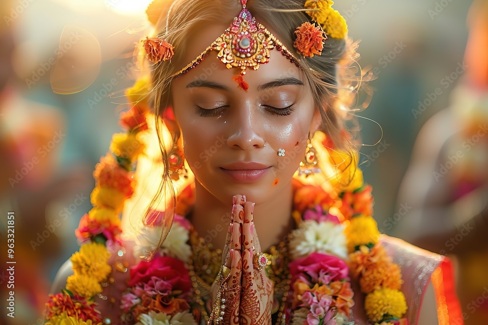 A woman wearing a yellow and orange headpiece and a yellow A woman wearing a yellow and orange headpiece and a yellow