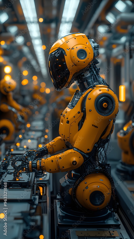 A modern factory where robotic arms work in perfect harmony. This image captures the precision and efficiency of advanced manufacturing. Metal surfaces and clean lines make the machines stand out. A modern factory where robotic arms work in perfect harmony. This image captures the precision and efficiency of advanced manufacturing. Metal surfaces and clean lines make the machines stand out.