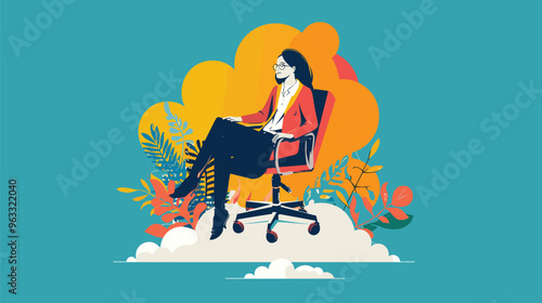 Visionary Businesswoman Riding Office Chair, Using Telescope to Search for New Career Opportunities and Success