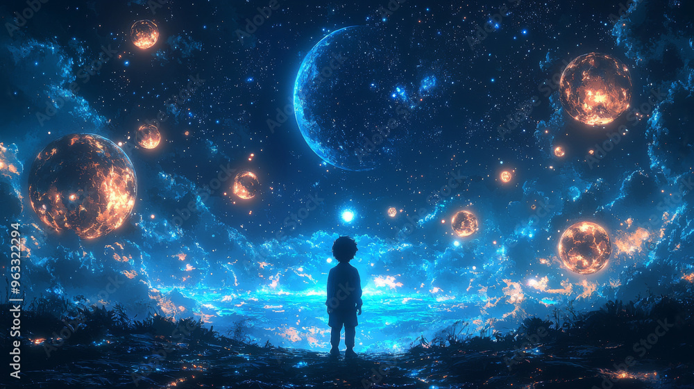 A young child gazes up in awe at a celestial display. A young child gazes up in awe at a celestial display.