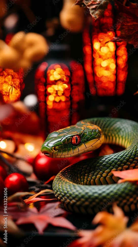 Obraz premium Green snake surrounded by red lanterns and fall leaves for halloween