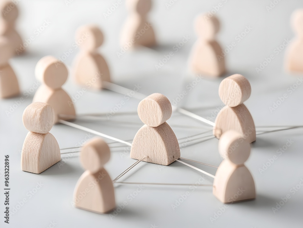 Obraz premium Wooden Figurines Connected in a Network for Business and Growth
