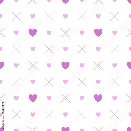 In this seamless pattern, a pastel purple heart is placed on a white background, surrounded by smaller purple hearts, and thin cross lines are placed to make the design less crowded and more appealing