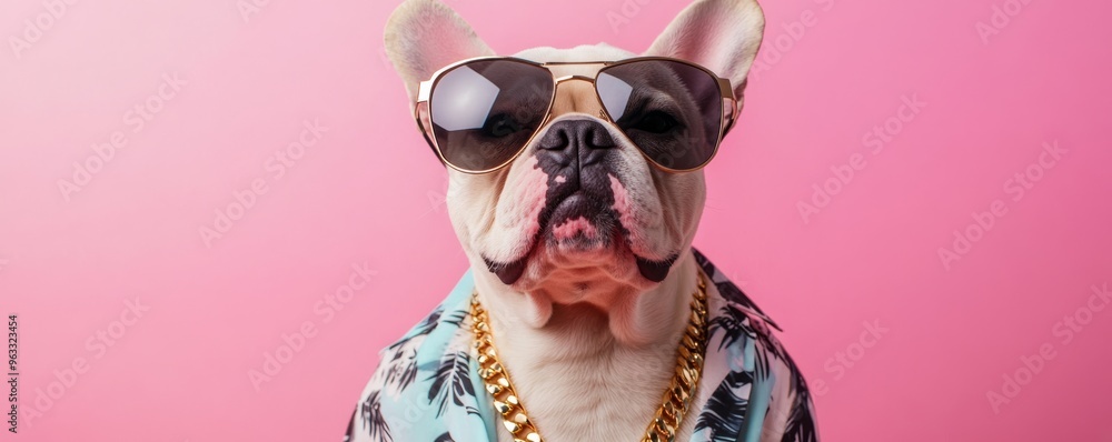 French bulldog wearing sunglasses and gold chain posing on pink background French bulldog wearing sunglasses and gold chain posing on pink background