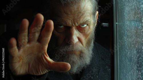 A senior man with a long beard stares intently through a wet window. photo