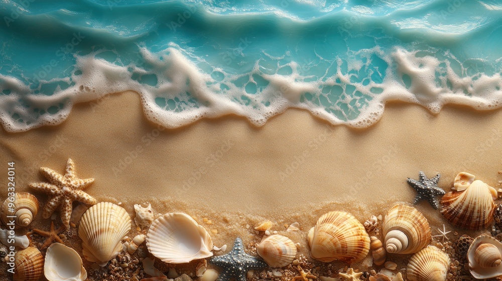 A serene beach scene with seashells and gentle ocean waves. A serene beach scene with seashells and gentle ocean waves.
