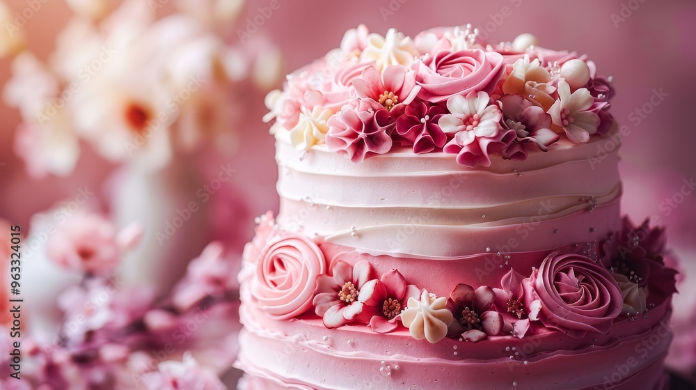 Pastel Pink Floral Birthday Cake on Soft Pink Background Pastel Pink Floral Birthday Cake on Soft Pink Background