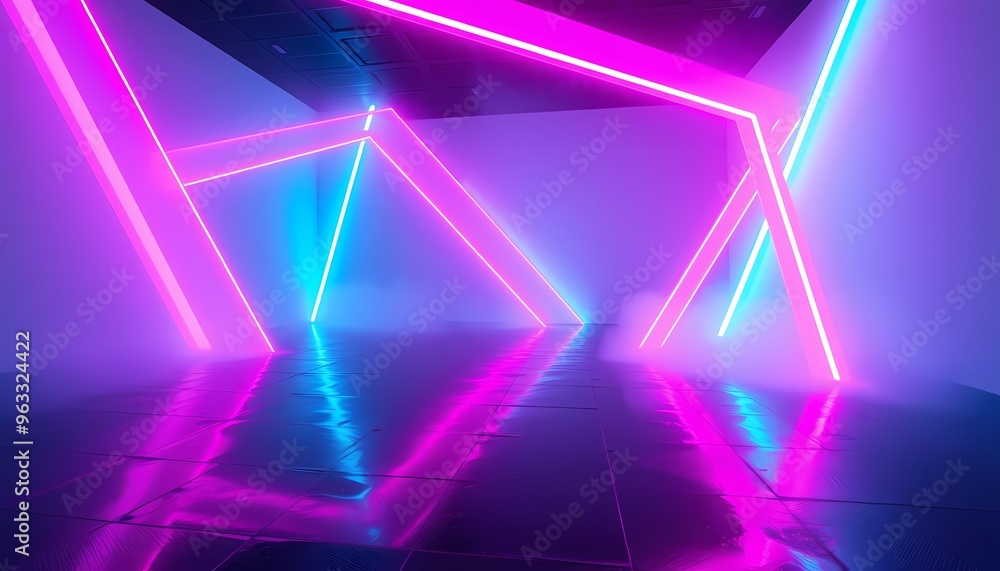 Fototapeta premium Abstract Futuristic Installation with Neon Pink and Turquoise Beams and Wet Floor