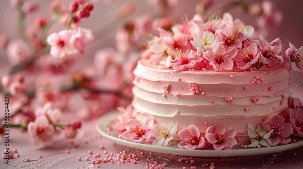 Pastel Pink Floral Birthday Cake on Soft Pink Background Pastel Pink Floral Birthday Cake on Soft Pink Background