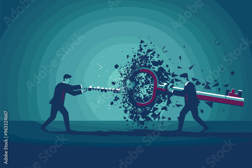 Businessmen Breaking Giant Key Apart - Team Disagreements Leading to Business Conflict and Separation