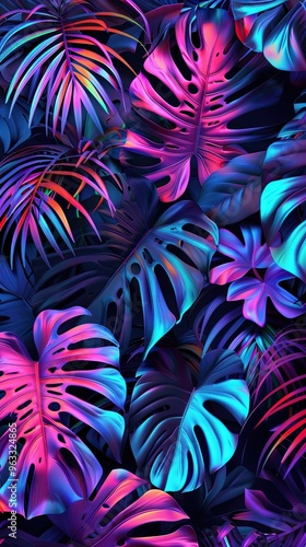 Tropical and palm leaves, in the corners in vivid bold holographic neon colors. Conceptual art. Minimalist surrealism background
