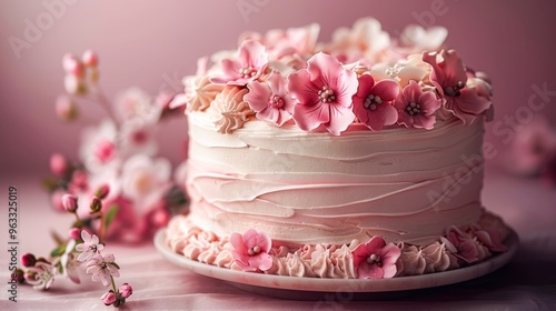 Pastel Pink Floral Birthday Cake on Soft Pink Background