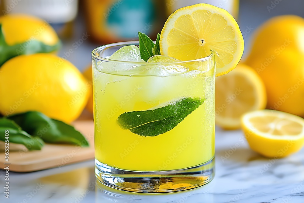 Fototapeta premium Squeezed lemon, rejuvenating drink, lemonade refreshment becomes the base for one of the most iconic and refreshing drinks
