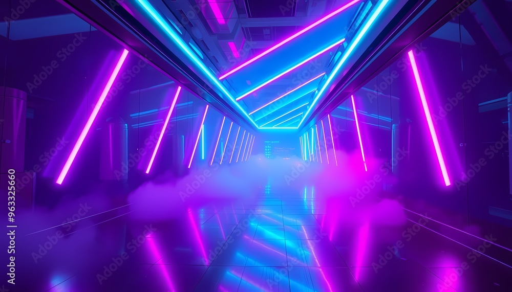 Neon-Lit Sci-Fi Corridor with Diagonal Beams in Magenta and Cyan, Polished Floors Neon-Lit Sci-Fi Corridor with Diagonal Beams in Magenta and Cyan, Polished Floors