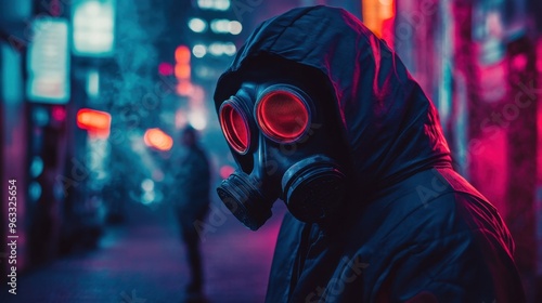 Fashion-forward cyberpunk theme featuring a gas mask against a neon-lit futuristic cityscape, evoking rebellion and edgy style.