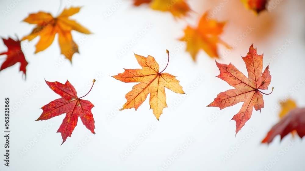 Floating autumn maple leaves in vivid reds, oranges, and yellows, falling gracefully against a soft white background. Floating autumn maple leaves in vivid reds, oranges, and yellows, falling gracefully against a soft white background.