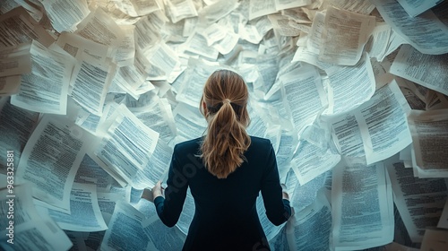 A businesswoman stands amidst a flood of paperwork, symbolizing overwhelming workloads, legal documents, and administrative challenges in professional life.