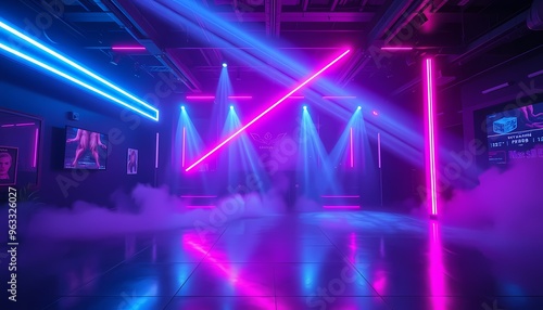 Cyberpunk Club Room with Glowing Pink and Blue Diagonal Neon Beams