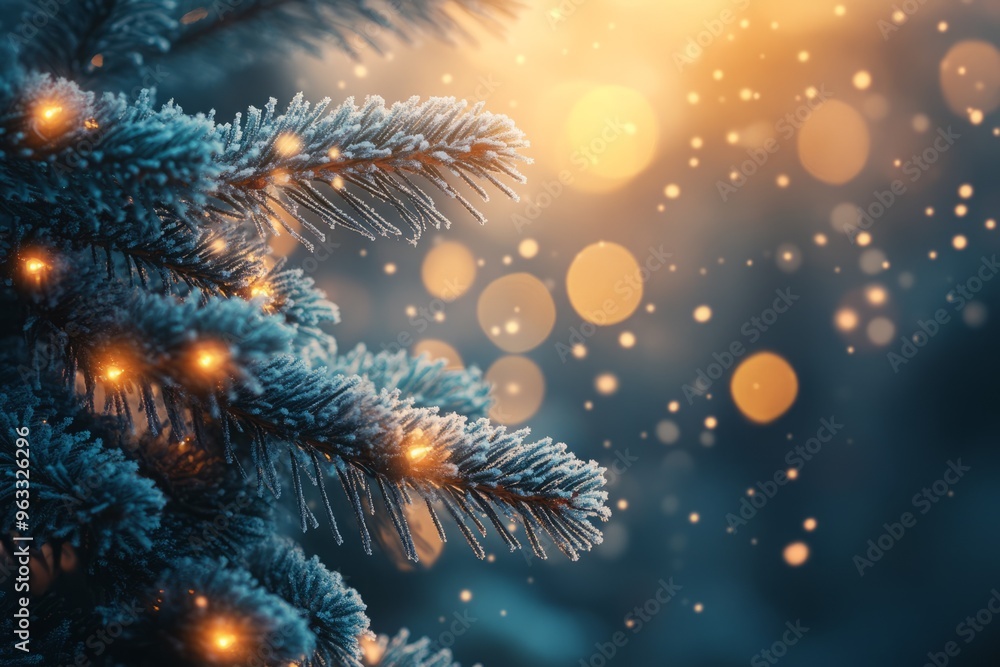 A close-up of a decorated evergreen tree with warm lights and a bokeh background. A close-up of a decorated evergreen tree with warm lights and a bokeh background.