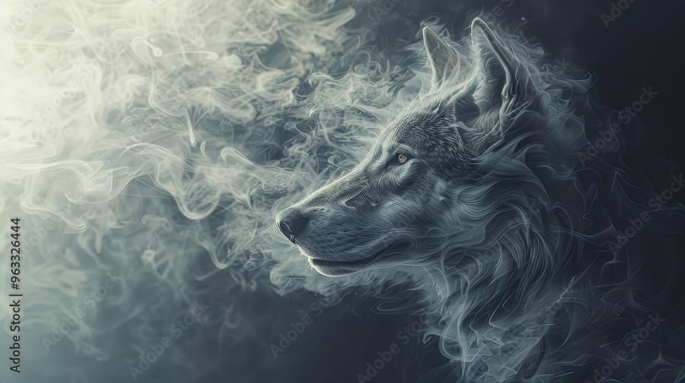 An ethereal wolf silhouette surrounded by a misty atmosphere, capturing the essence of wilderness and mystery. An ethereal wolf silhouette surrounded by a misty atmosphere, capturing the essence of wilderness and mystery.