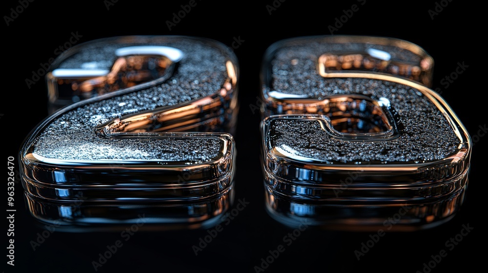 Number twenty five sparkling with a rough textured surface reflecting on black background Number twenty five sparkling with a rough textured surface reflecting on black background