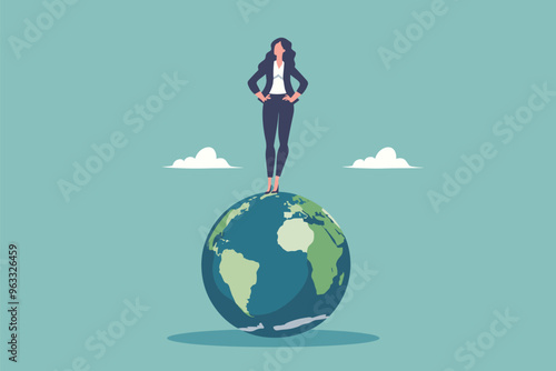 Triumphant Businesswoman Stands Atop Globe, Holding Prize and Symbolizing Success in World Economics and Global Opportunities