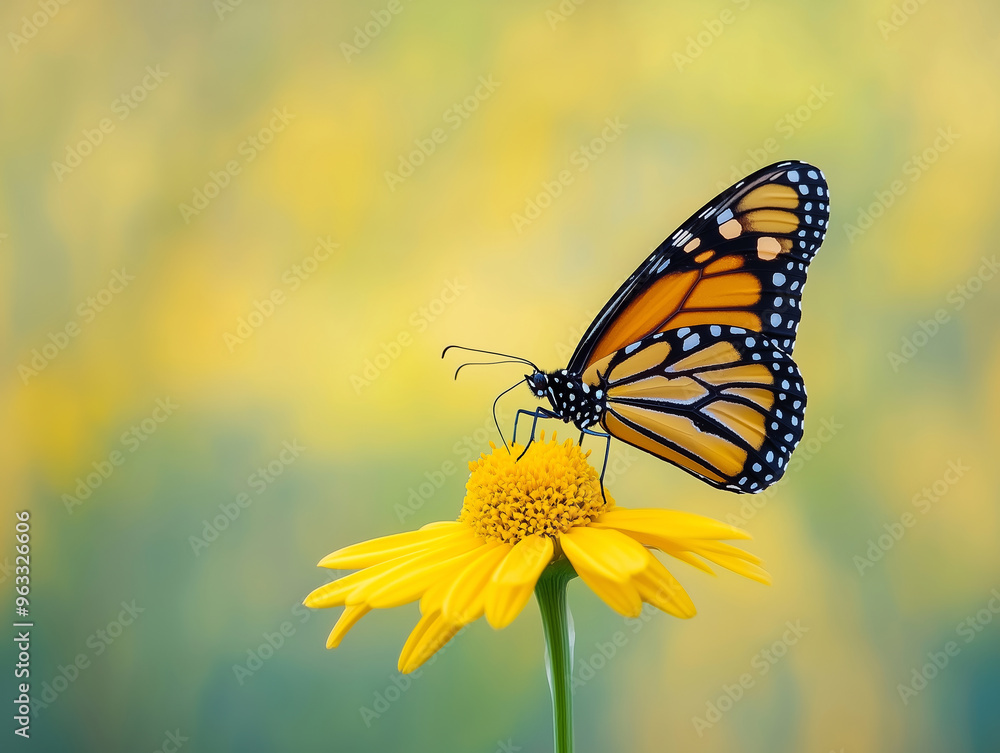 A monarch butterfly perched on a yellow flower, basking in the warm sunlight with a vibrant golden background, highlighting the beauty of nature A monarch butterfly perched on a yellow flower, basking in the warm sunlight with a vibrant golden background, highlighting the beauty of nature