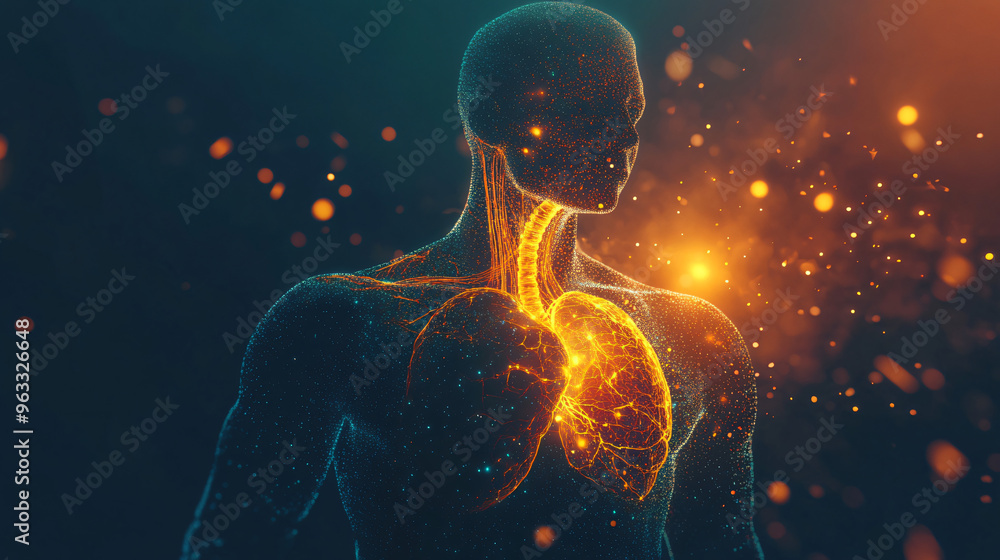 Human body made of particles is showing the respiratory system working with lungs highlighted Human body made of particles is showing the respiratory system working with lungs highlighted