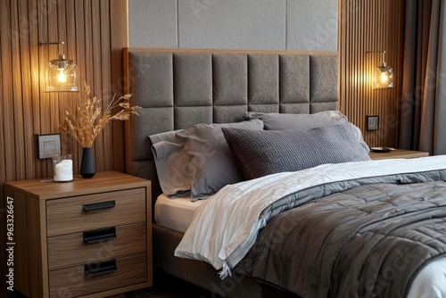 Loft design elements in a modern bedroom with a wooden drawer nightstand by a bed with a grey fabric headboard.