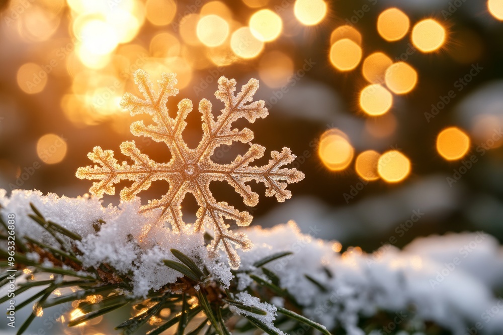 A snowflake rests on a snowy pine branch with a warm bokeh background. A snowflake rests on a snowy pine branch with a warm bokeh background.