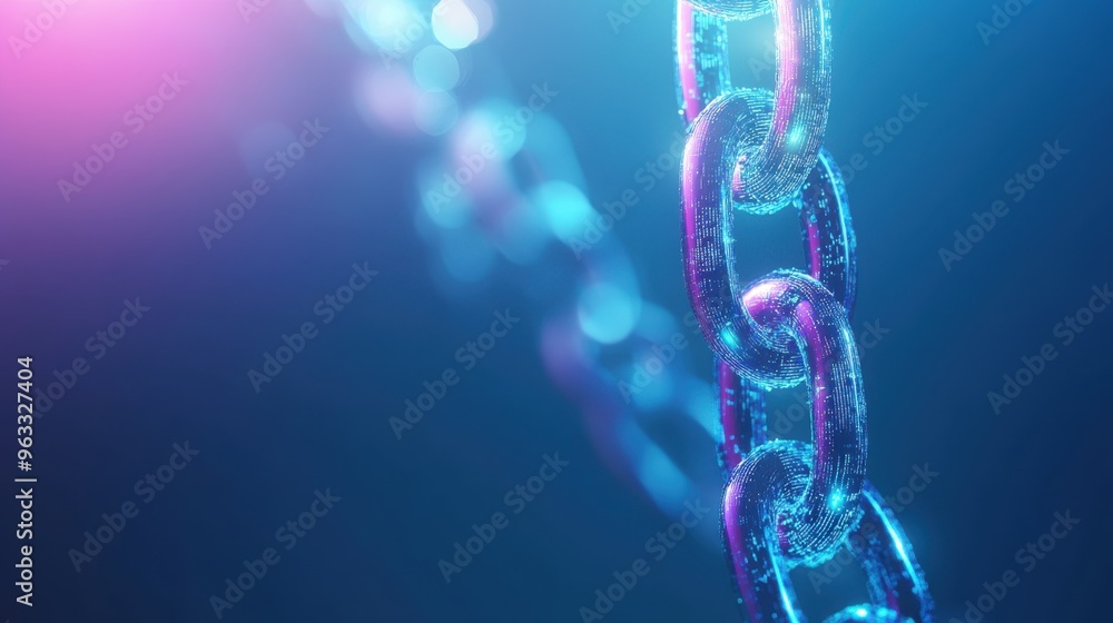 A sleek blockchain design with glowing interconnected chains floating in a futuristic digital space on a blue gradient background A sleek blockchain design with glowing interconnected chains floating in a futuristic digital space on a blue gradient background