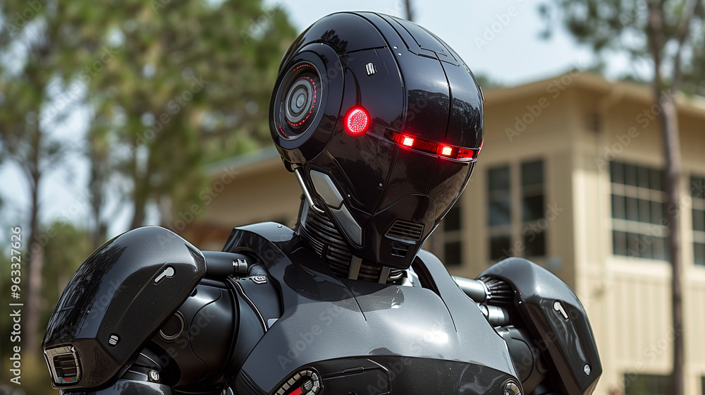 A futuristic robot with a black metallic exterior, glowing red eyes, and advanced technology, standing outdoors A futuristic robot with a black metallic exterior, glowing red eyes, and advanced technology, standing outdoors