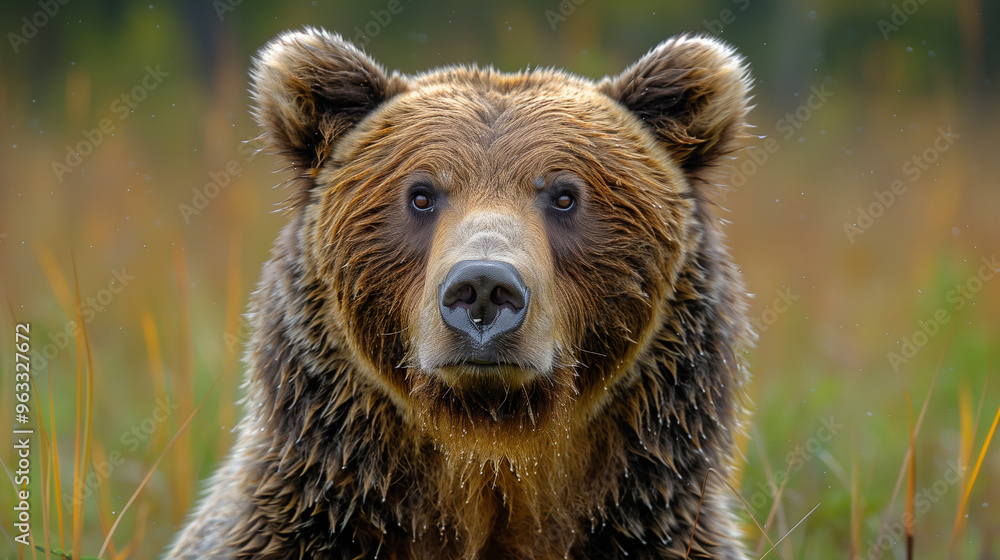 Close-up portrait of a brown bear with wet fur, staring intently, surrounded by a natural forest background Close-up portrait of a brown bear with wet fur, staring intently, surrounded by a natural forest background