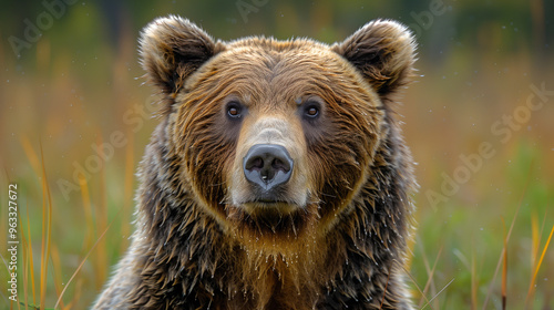 Close-up portrait of a brown bear with wet fur, staring intently, surrounded by a natural forest background