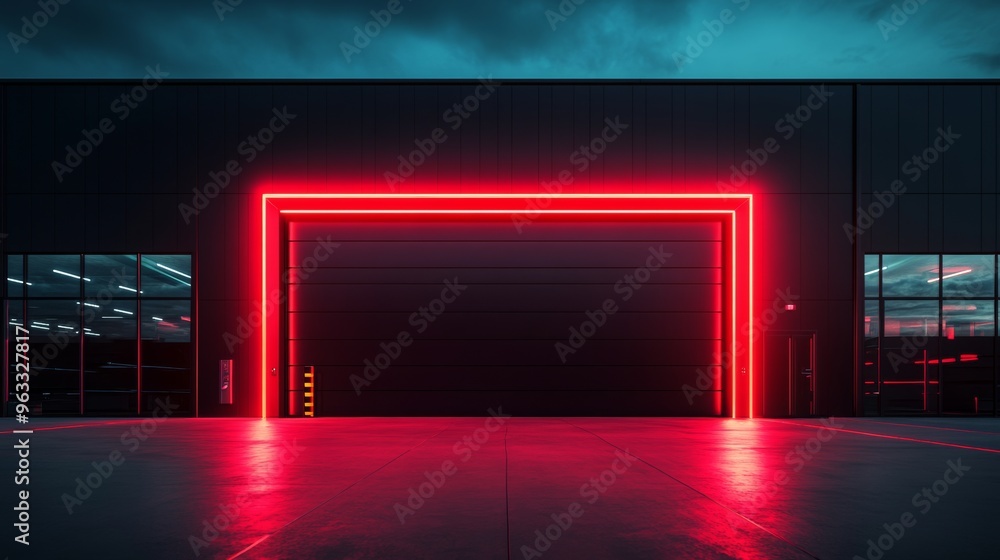 Red neon light framing a large garage door at night Red neon light framing a large garage door at night