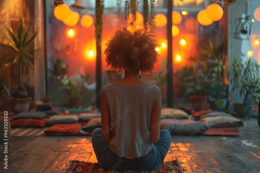 A woman sits in a room with a lot of plants and lights A woman sits in a room with a lot of plants and lights