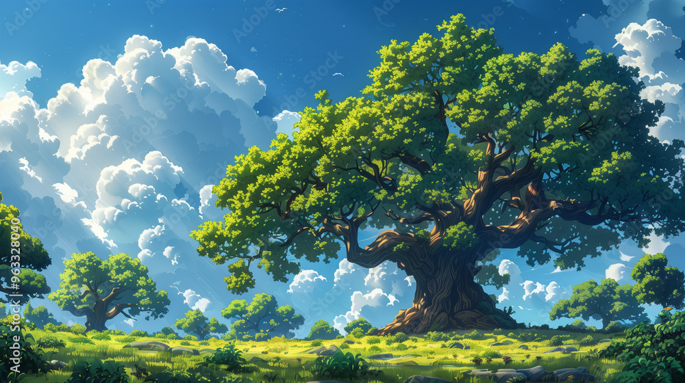 A large oak tree stands in a sunlit meadow beneath a blue sky filled with fluffy clouds A large oak tree stands in a sunlit meadow beneath a blue sky filled with fluffy clouds
