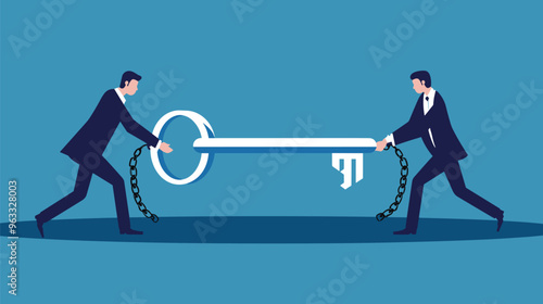 Businessmen Pulling Giant Key in Opposite Directions - Team Disagreements and Business Conflict