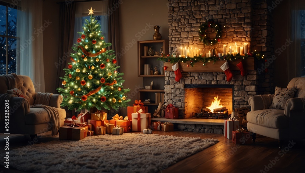 Interior christmas. magic glowing tree, fireplace gifts in dark Interior christmas. magic glowing tree, fireplace gifts in dark