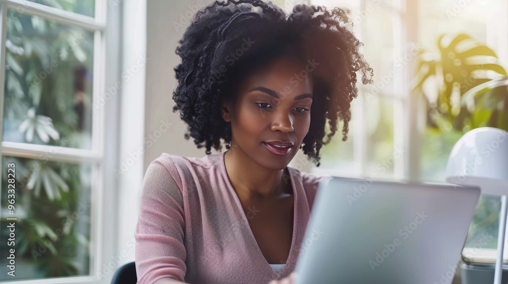 A young woman with curly hair sits at a desk working on a laptop. She is focused on her work and appears to be in a professional setting. A young woman with curly hair sits at a desk working on a laptop. She is focused on her work and appears to be in a professional setting.